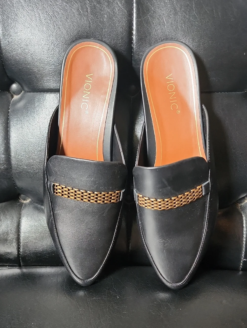 VIONIC Starling Black Leather Mules Slides Loafers Arch Support Chain Link 8.5 - Picture 3 of 12